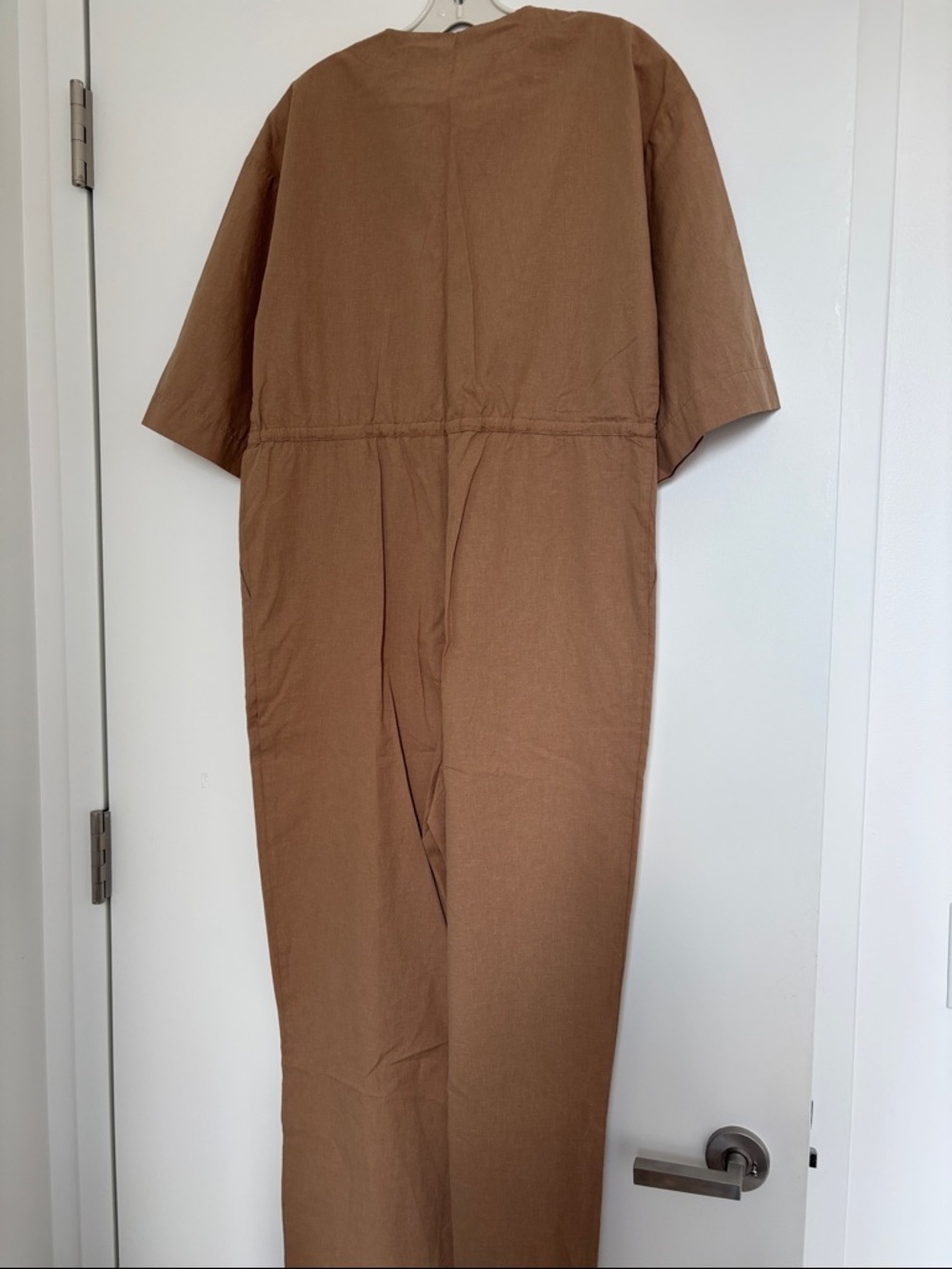 Frank & Oak Women's Cotton-Blend Tan Button-Front Drawstring Jumpsuit - Picture 5 of 5